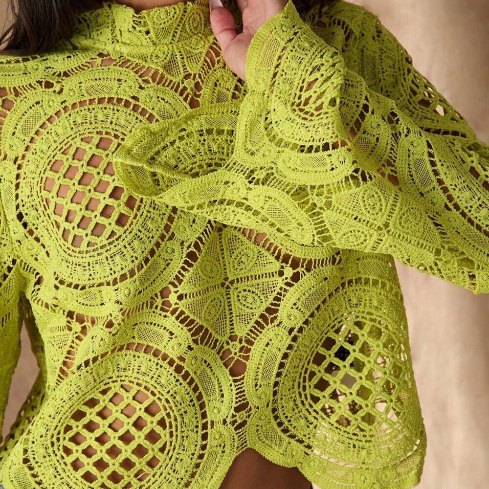 Green Boho Women's Sheer Long Sleeve Blouse with Flower Inlay - Picture 6 of 6